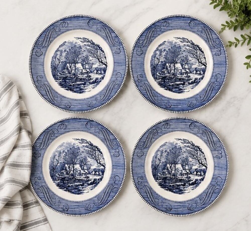 Royal China Americana Currier & Ives Blue & White Dinner Plate Set 2 USA 10”